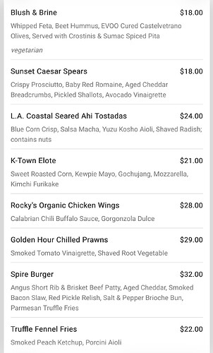 Spire 73 Menu